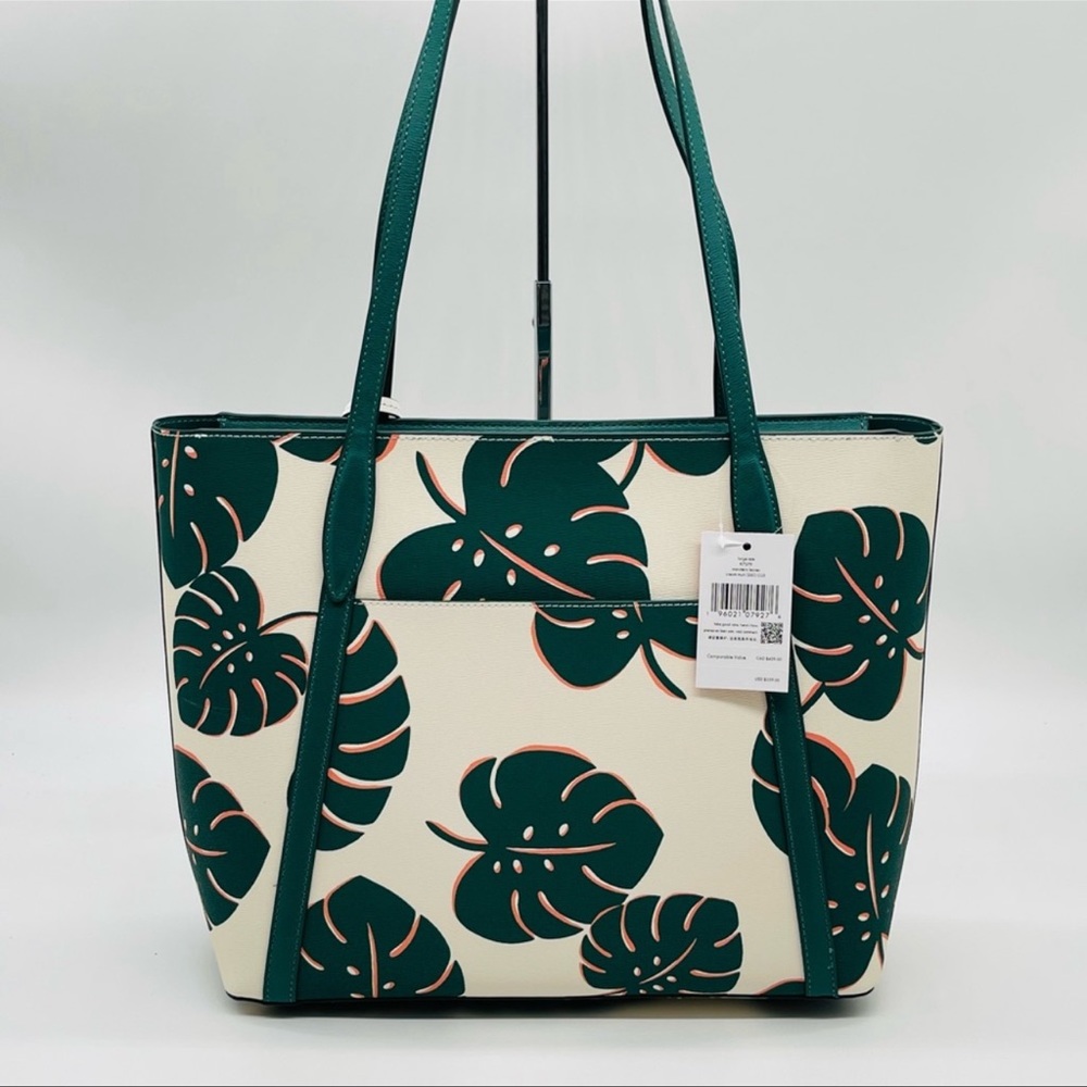 Kate Spade Cara Monstera Leaves Printed Refined Grain Leather Large Tote Bag - Picture 6 of 11